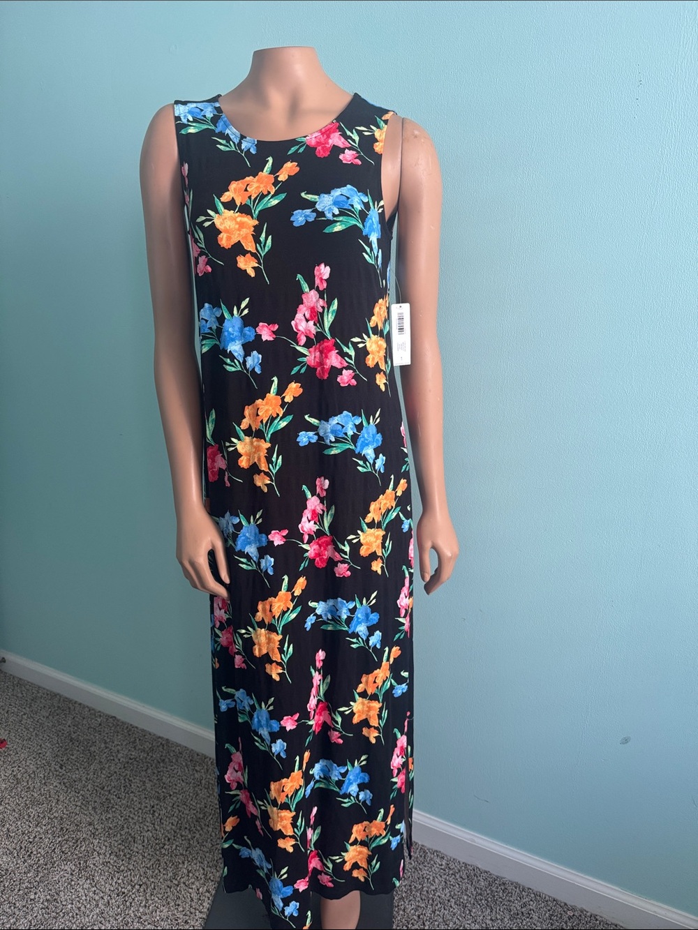 Chico’s Sleeveless Black Floral Maxi Dress with Multicolor Blooms Chicos size 1